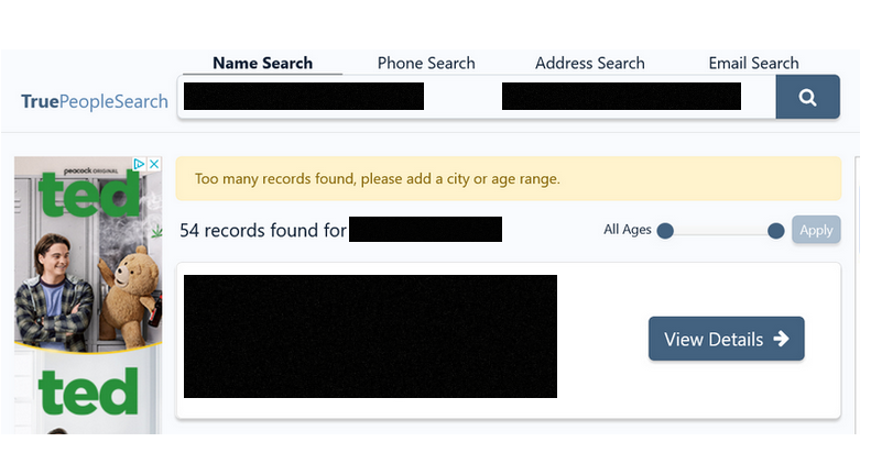 TruePeopleSearch records page 