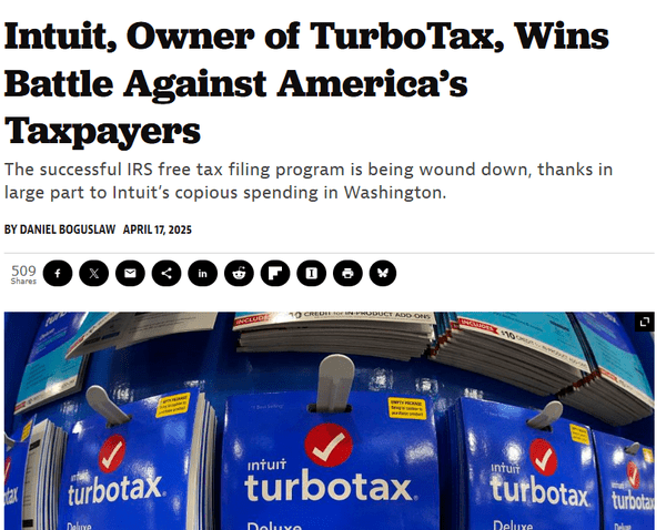 News headline: "Intuit, Owner of TurboTax, Wins Battle Against America's Taxpayers" 