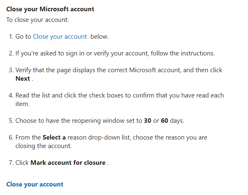 Steps for closing your Microsoft account 