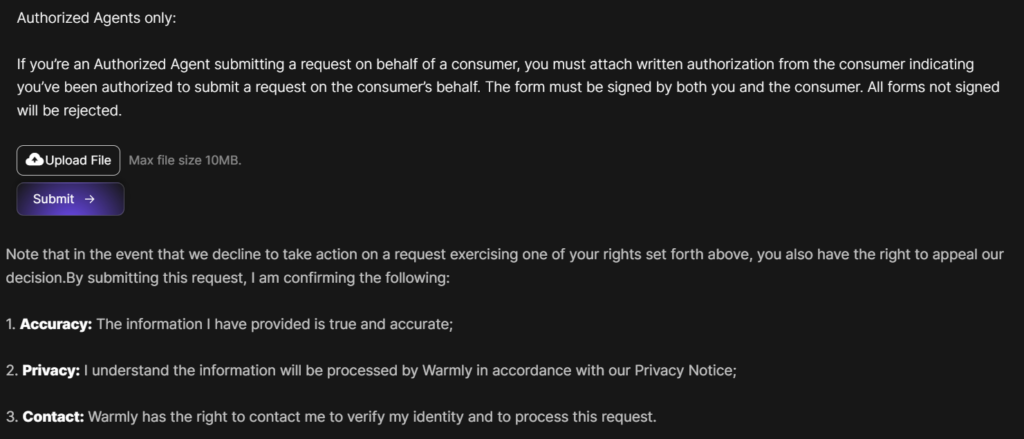 Warmly opt out form - authorized agents section and submit button 