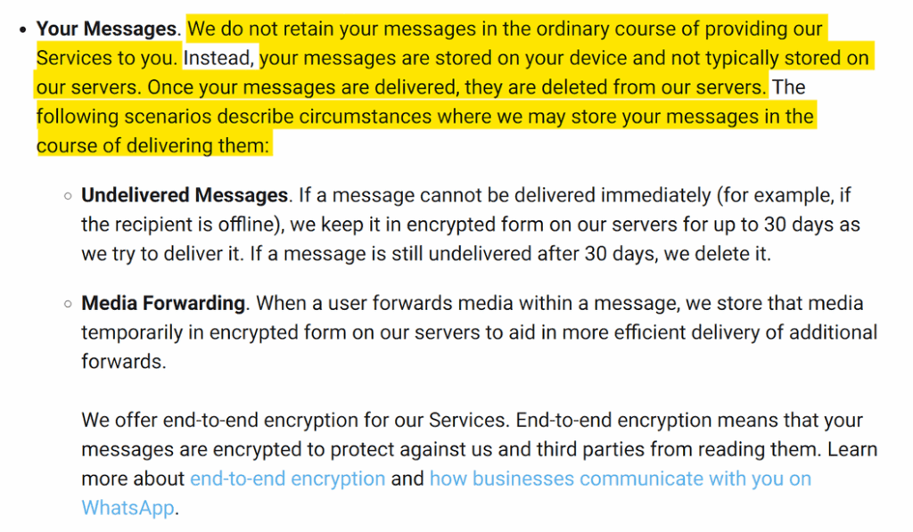 WhatsApp privacy policy section on message retention