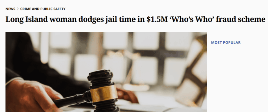 Headline: "Long Island woman dodges jail time in $1.5 'Who's Who' fraud scheme" 