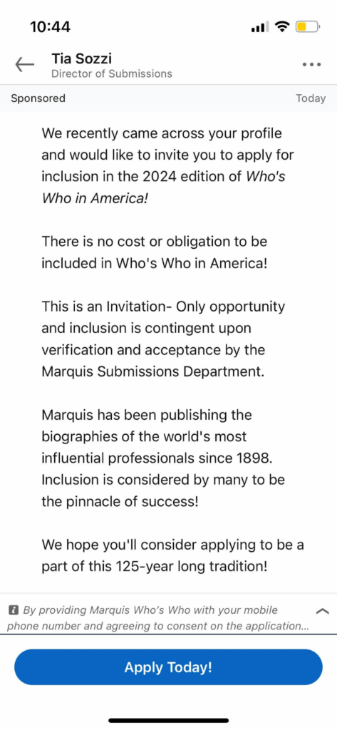 Invite to apply for the inclusion in the 2024 edition of Who's Who in America