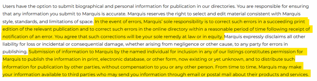 Who's Who in America terms and conditions section on errors and sharing of your personal information with third parties 
