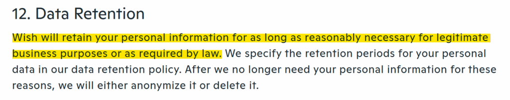 Wish privacy policy 'Data Retention' section