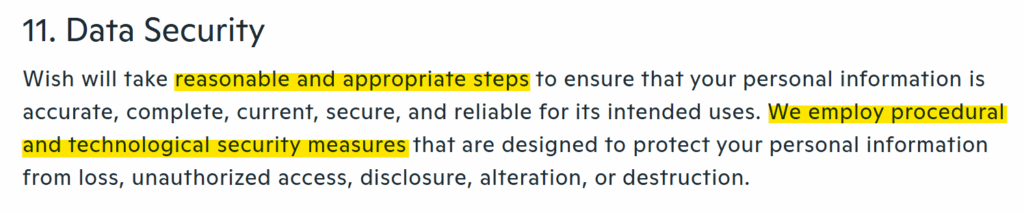 Wish privacy policy 'Data Security' section