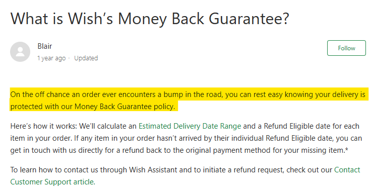 What is Wish's Money Back Guarantee?