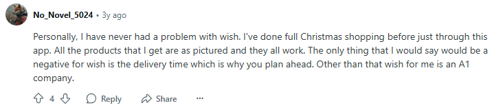 Positive Reddit post about Wish