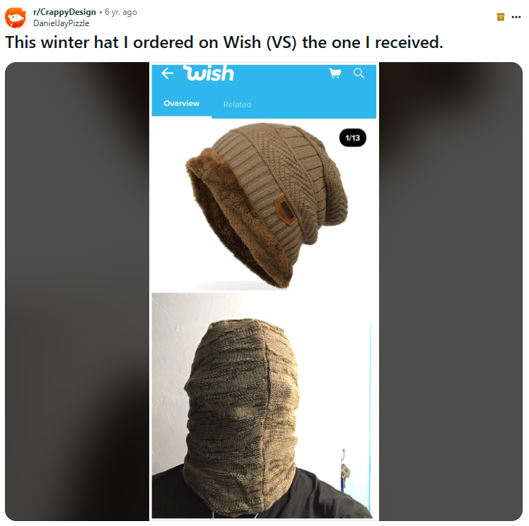 "This winter hat I ordered on Wish (VS) the one I received."