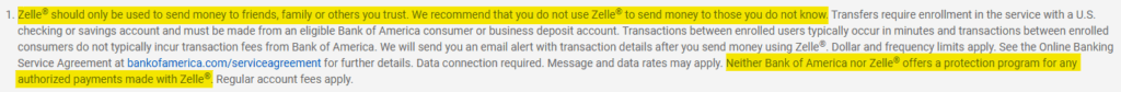 Zelle bank disclaimer "Zelle should only be used to send money to friends, family or others you trust." 