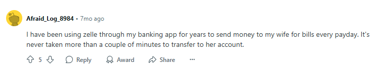 Positive Reddit comment about Zelle 